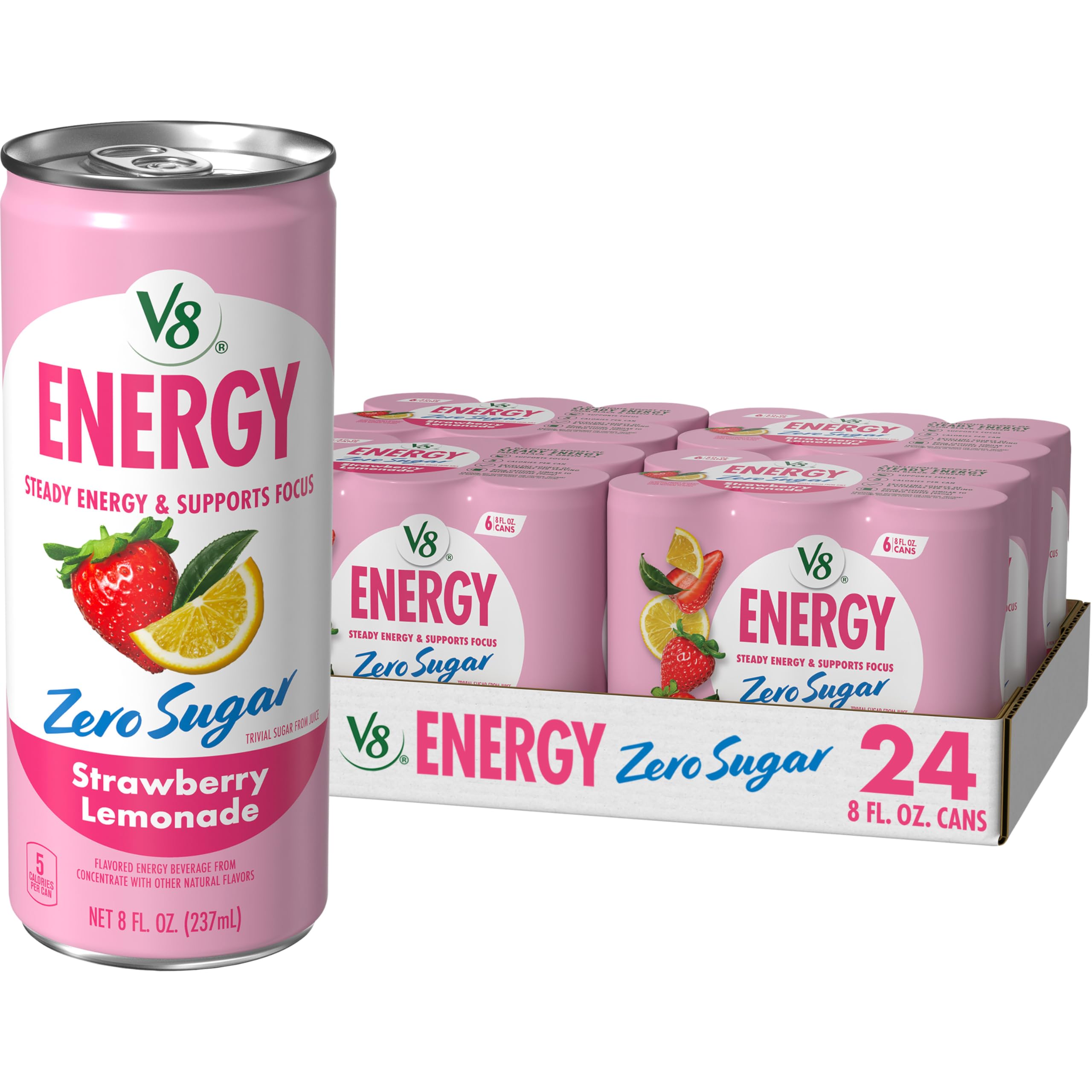 V8 Energy Zero Sugar Strawberry Lemonade can front view showing the flavor and design, ready to energize your day.
