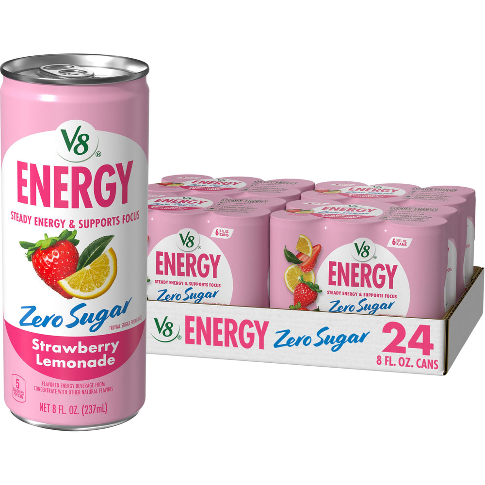 V8 Energy Zero Sugar Strawberry Lemonade can front view showing the flavor and design, ready to energize your day.