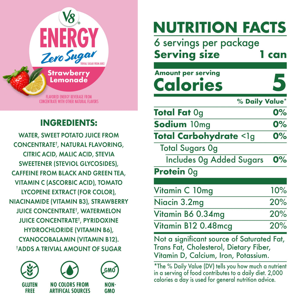 V8 Energy Zero Sugar Strawberry Lemonade can side view for compact, on-the-go refreshment access.