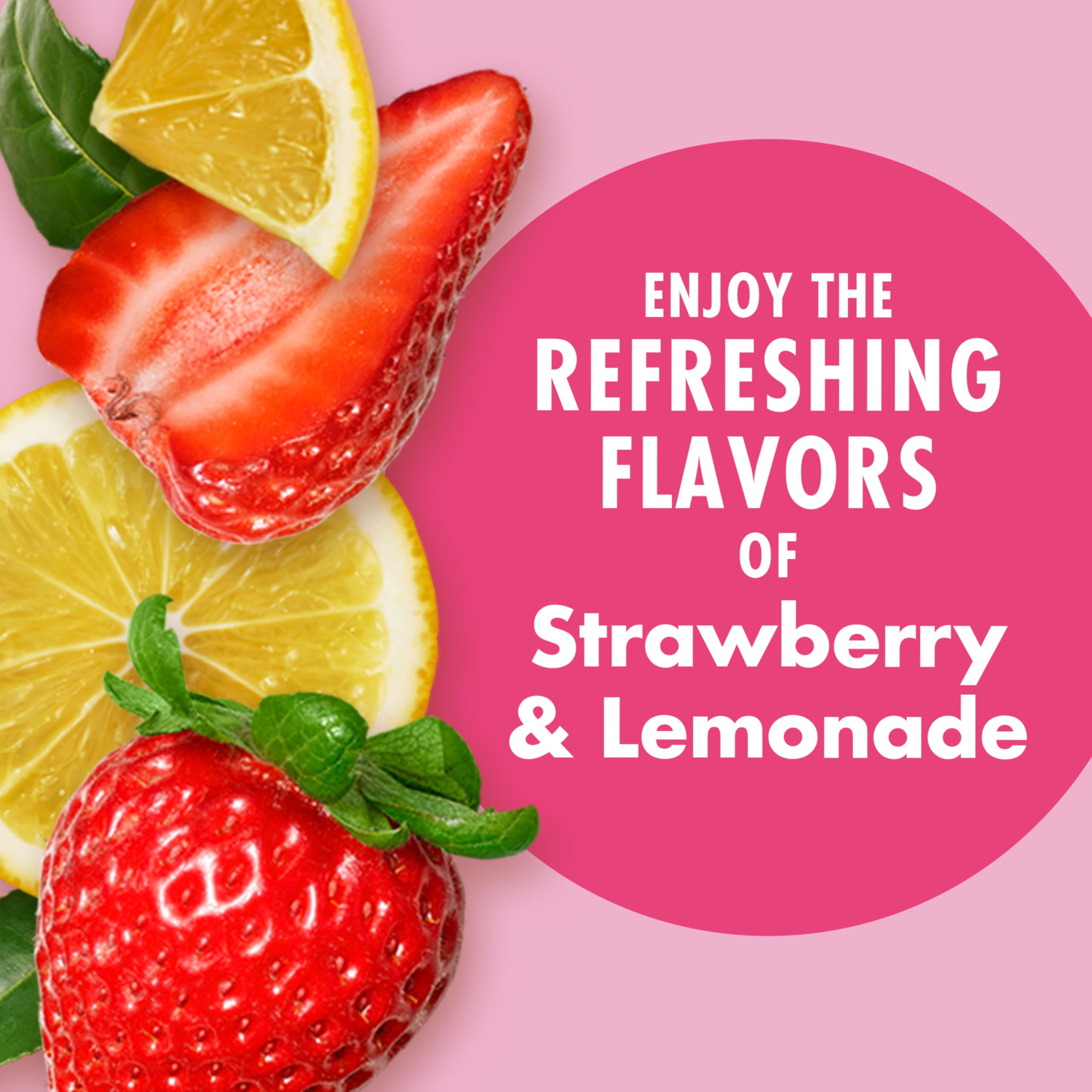V8 Energy Zero Sugar Strawberry Lemonade glass beside the can, illustrating ready-to-drink versatility.