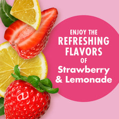 V8 Energy Zero Sugar Strawberry Lemonade glass beside the can, illustrating ready-to-drink versatility.