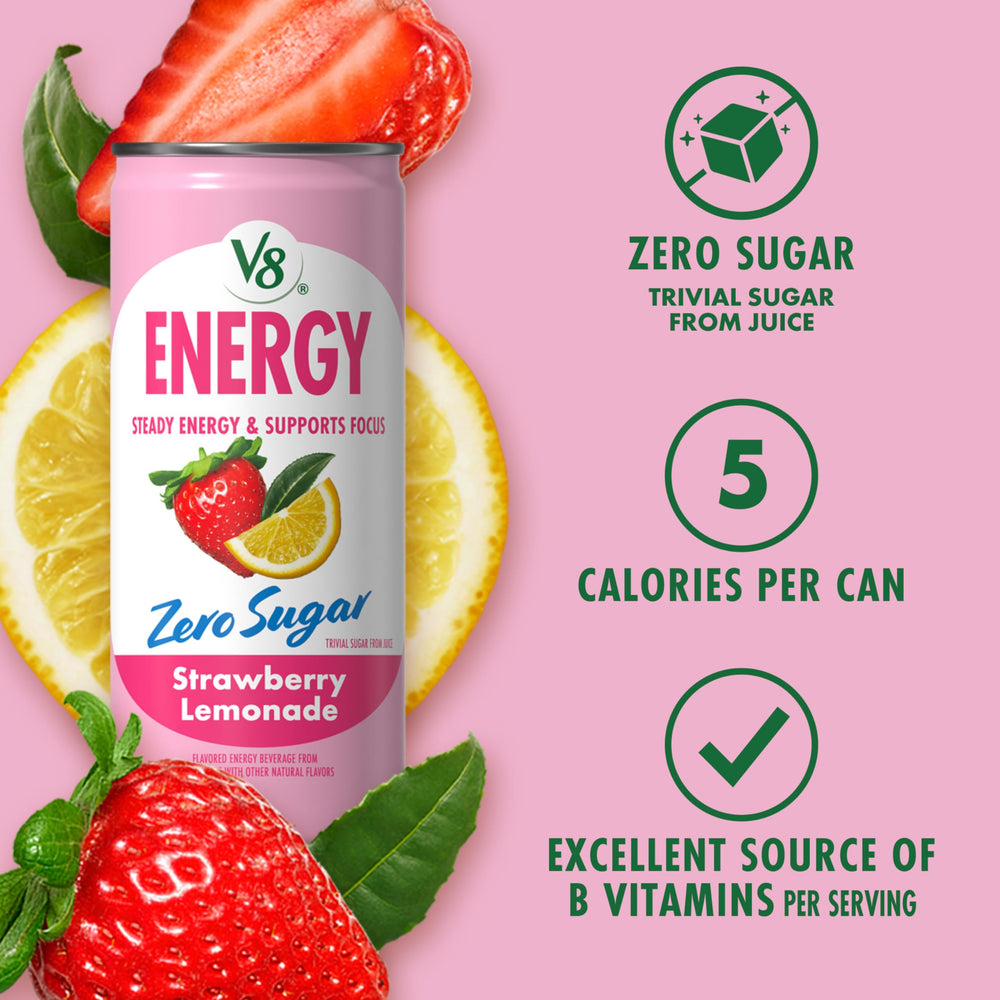 V8 Energy Zero Sugar Strawberry Lemonade 24-pack shot, ideal for stocking up and sharing.