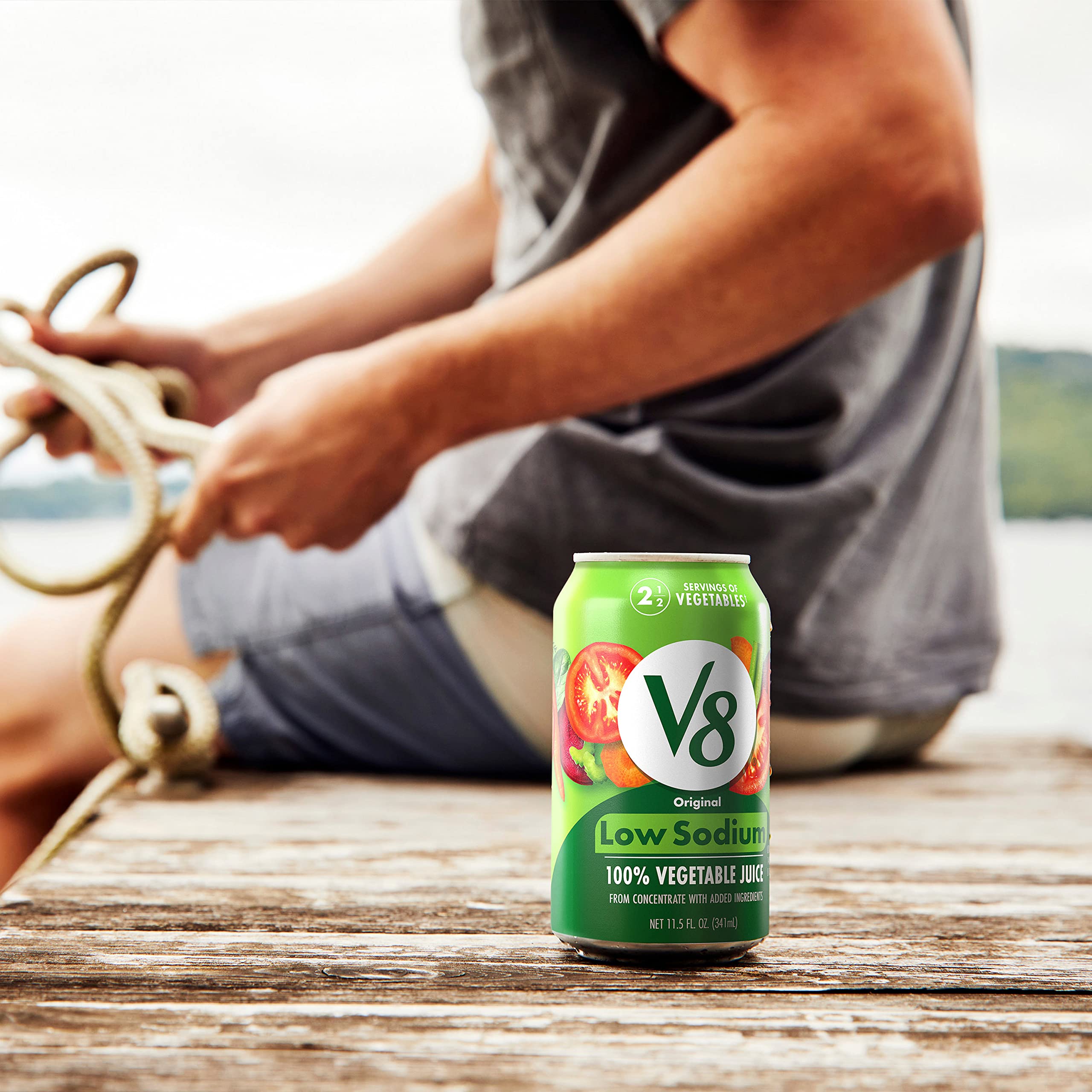 V8 Low Sodium Original 100% Vegetable Juice 24-pack on display in pantry