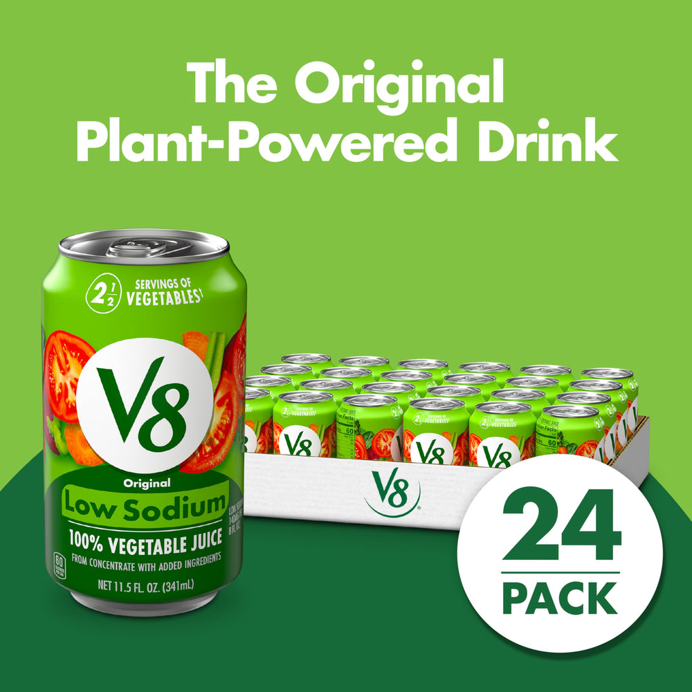 V8 Low Sodium Original 100% Vegetable Juice can close-up label showing ingredients