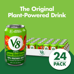V8 Low Sodium Original 100% Vegetable Juice can close-up label showing ingredients
