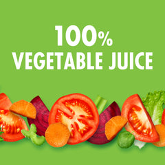 V8 Low Sodium Original 100% Vegetable Juice being poured into a glass on ice