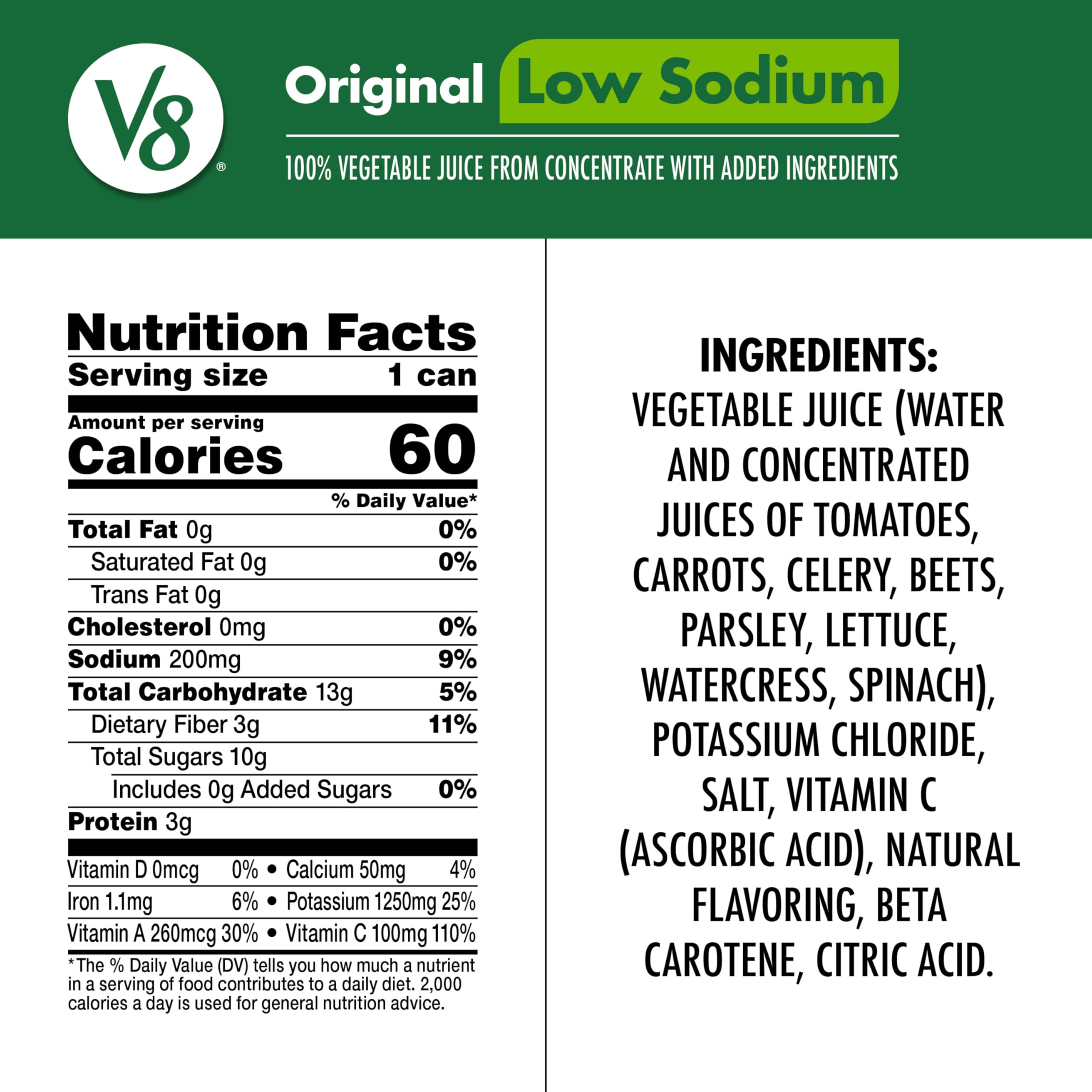 V8 Low Sodium Original 100% Vegetable Juice nutrition panel highlights vitamins A and C