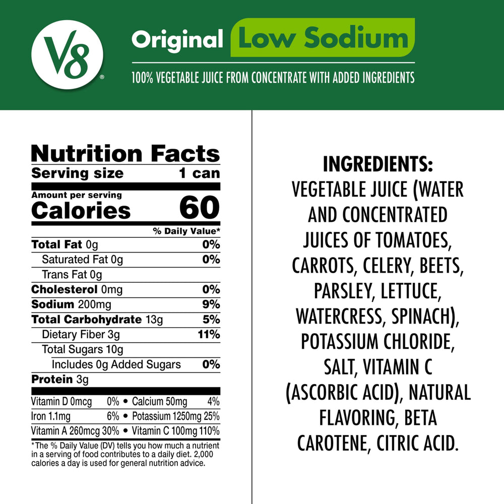 V8 Low Sodium Original 100% Vegetable Juice nutrition panel highlights vitamins A and C