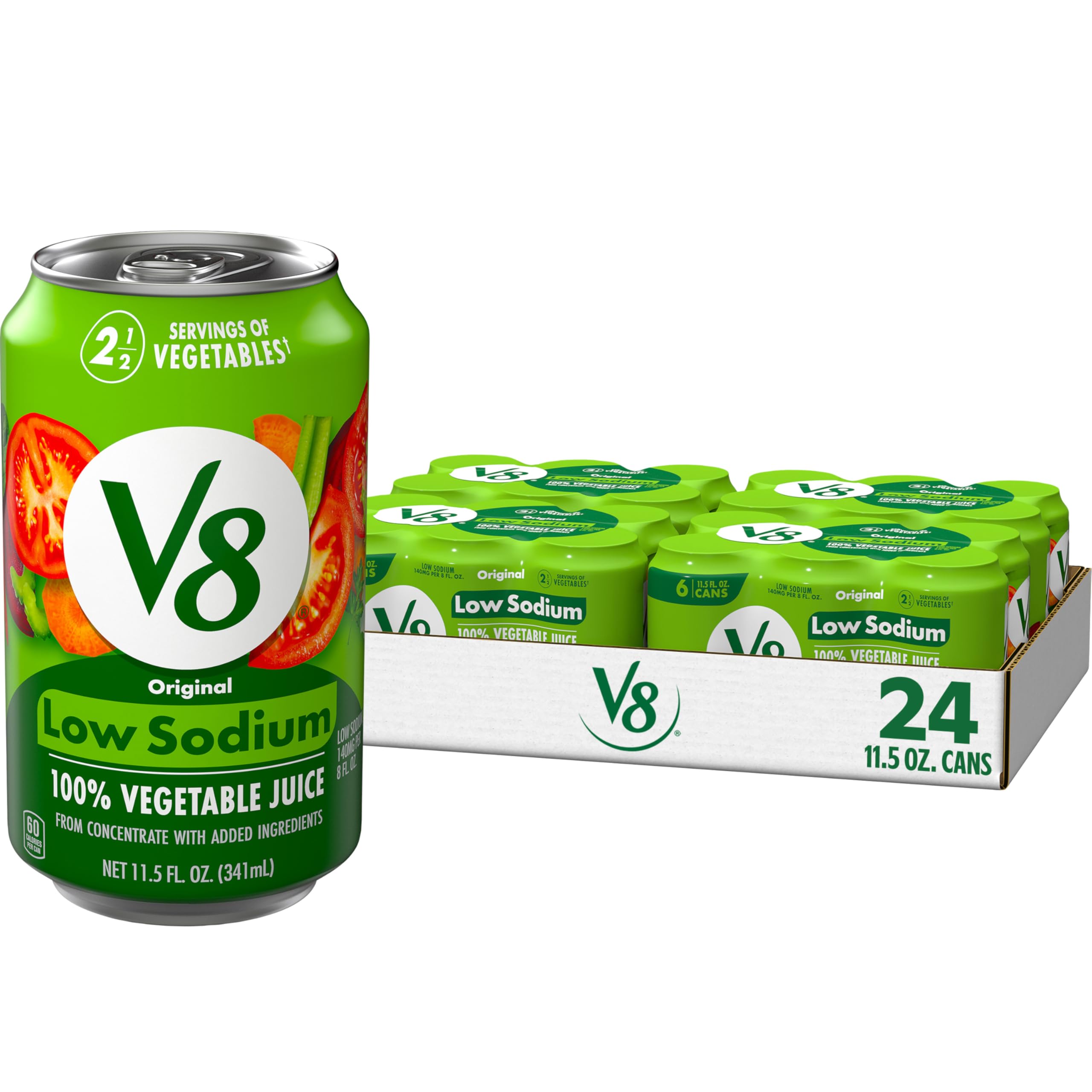 V8 Low Sodium pack of 24 cans front view for easy vegetable intake