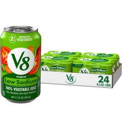 V8 Low Sodium pack of 24 cans front view for easy vegetable intake