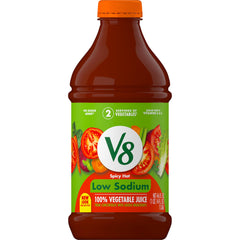 V8 Low Sodium Spicy Hot juice bottle boosts daily veggie intake.