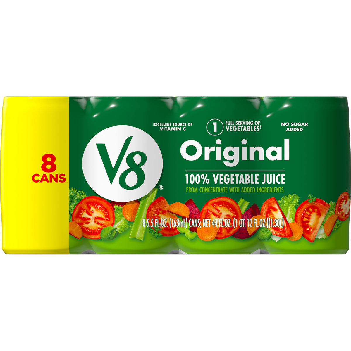 V8 Original 5.5 oz can in an eight-pack display for easy veggie nutrition