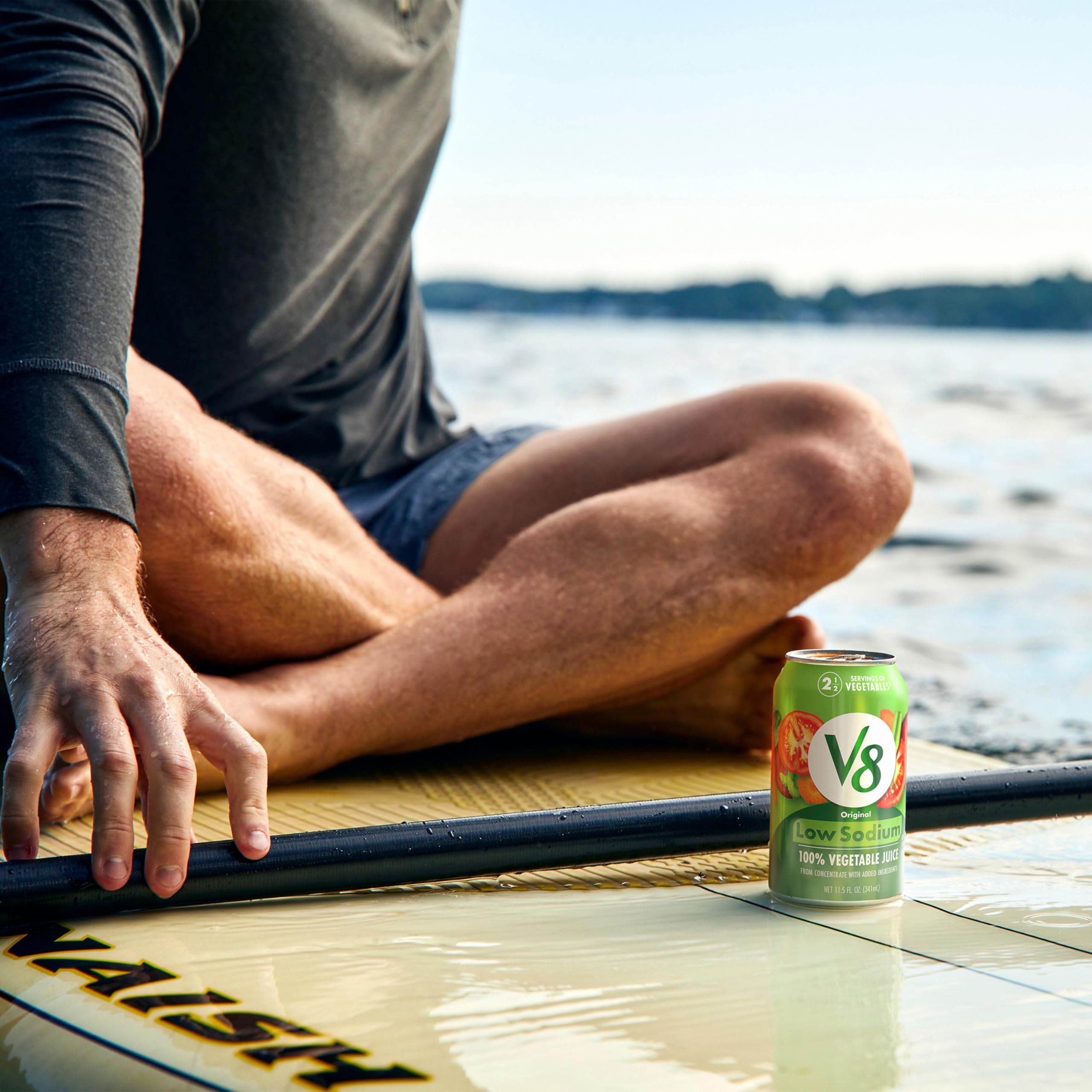V8 Original low sodium label highlighted on the can
