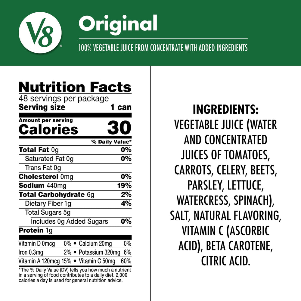 V8 Original can label close-up highlighting ingredients and Vitamin C.