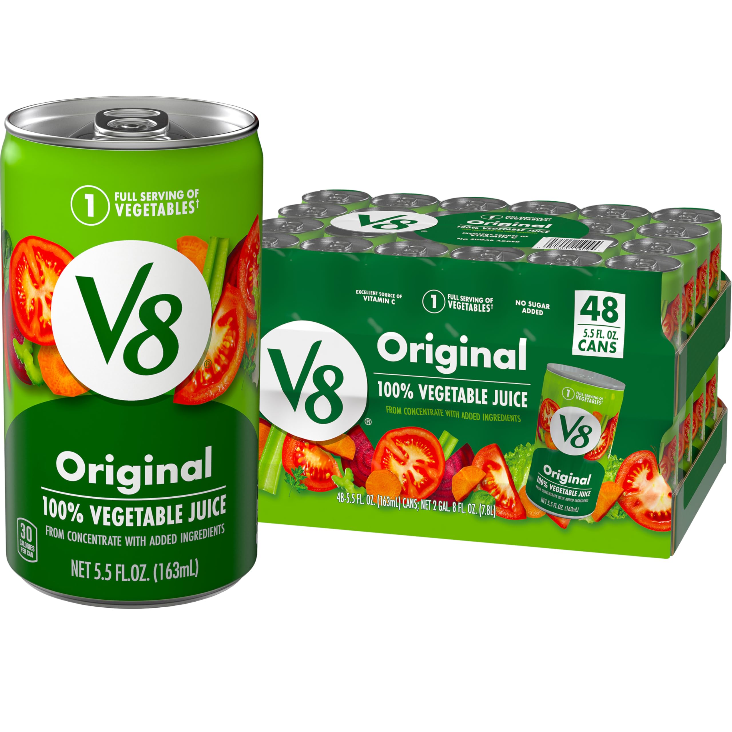 V8 Original vegetable juice pour into a glass for a quick veggie boost.