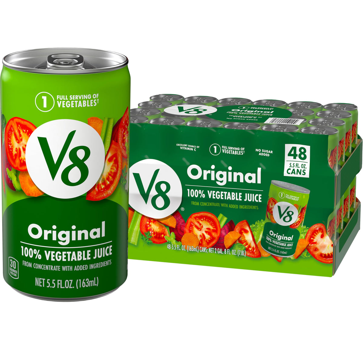 V8 Original vegetable juice pour into a glass for a quick veggie boost.