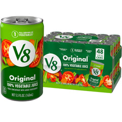 V8 Original vegetable juice pour into a glass for a quick veggie boost.