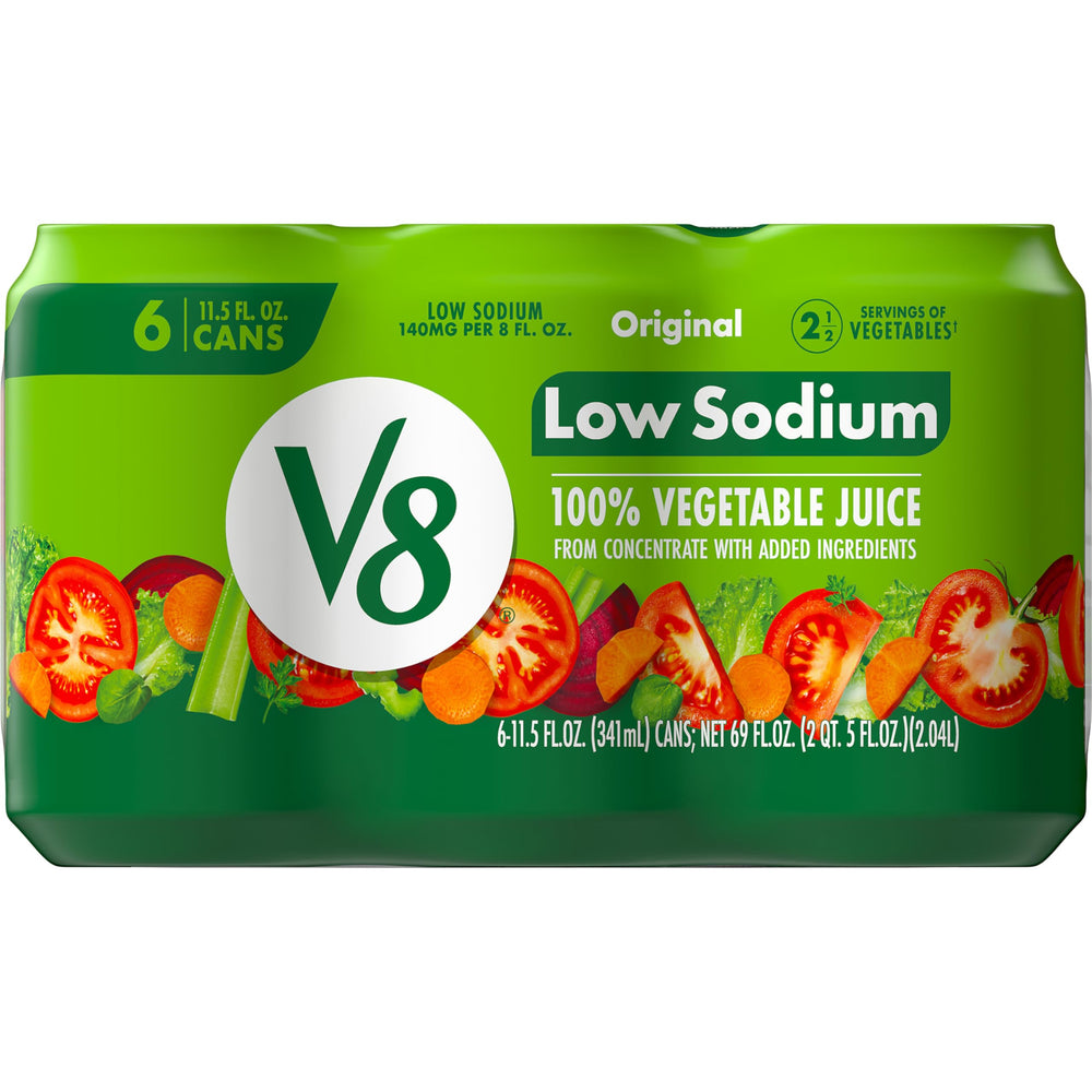 V8 Original 100% vegetable juice can on table showing vitamin rich serving