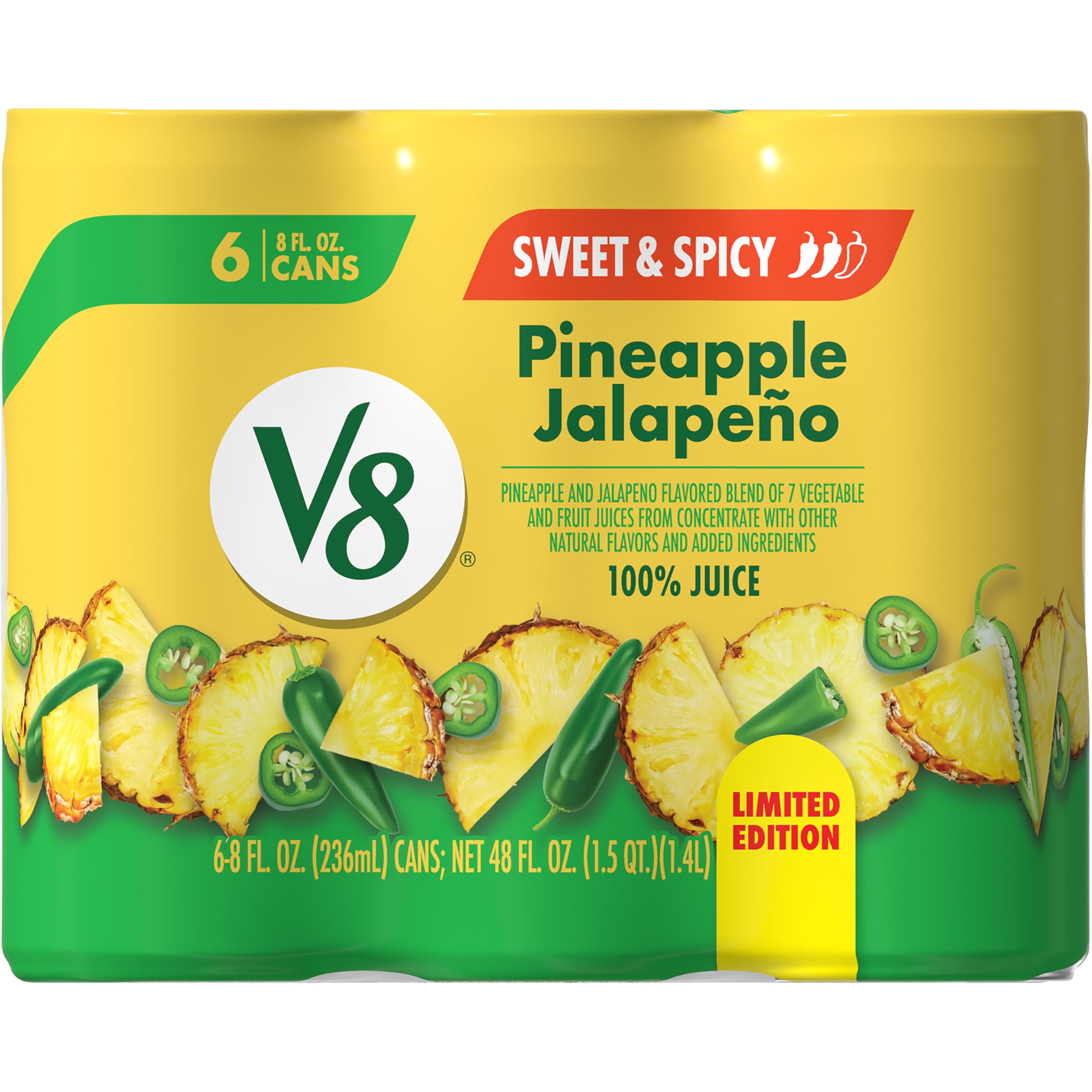 V8 Pineapple Jalapeno can front showing bold juice blend for breakfast