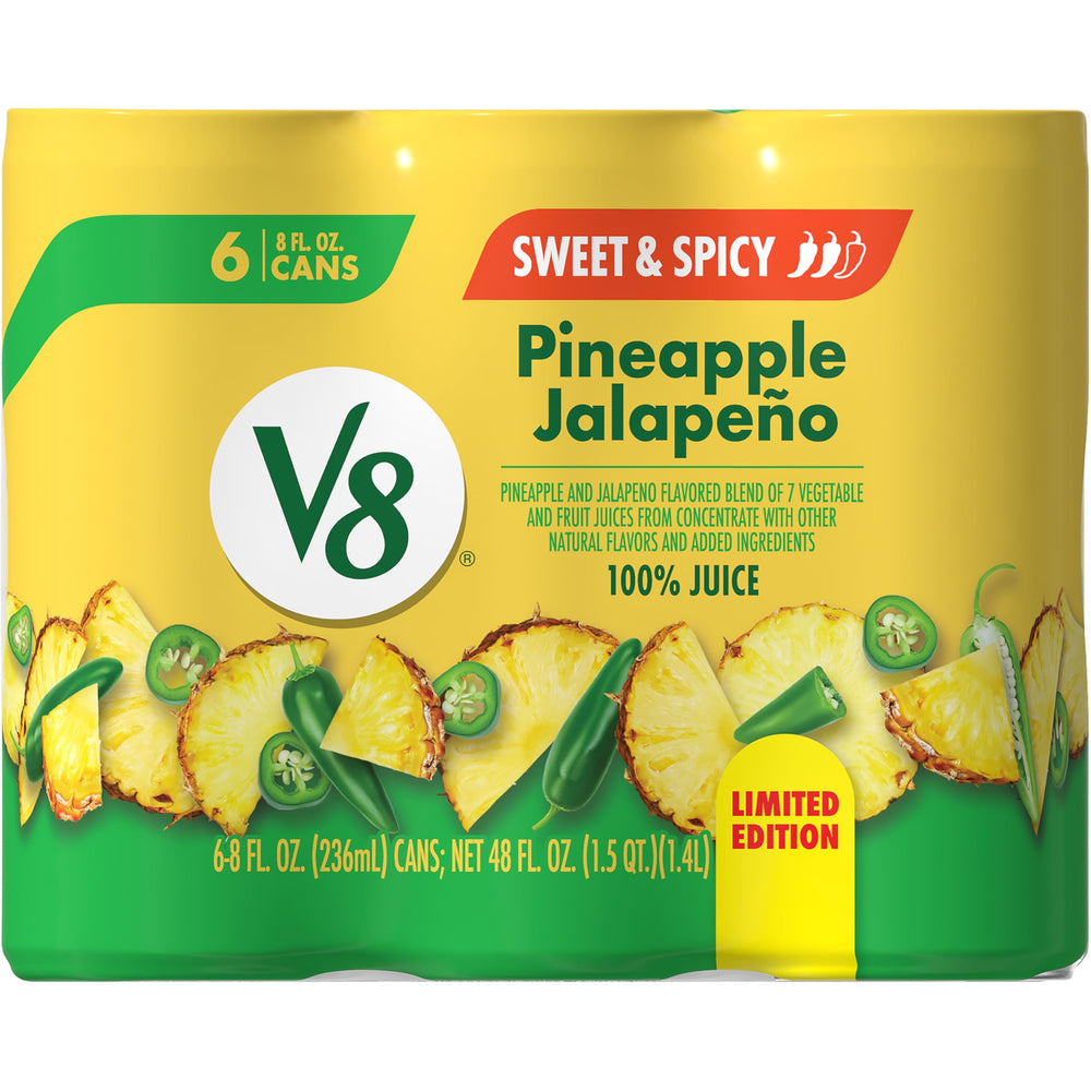 V8 Pineapple Jalapeno can front showing bold juice blend for breakfast