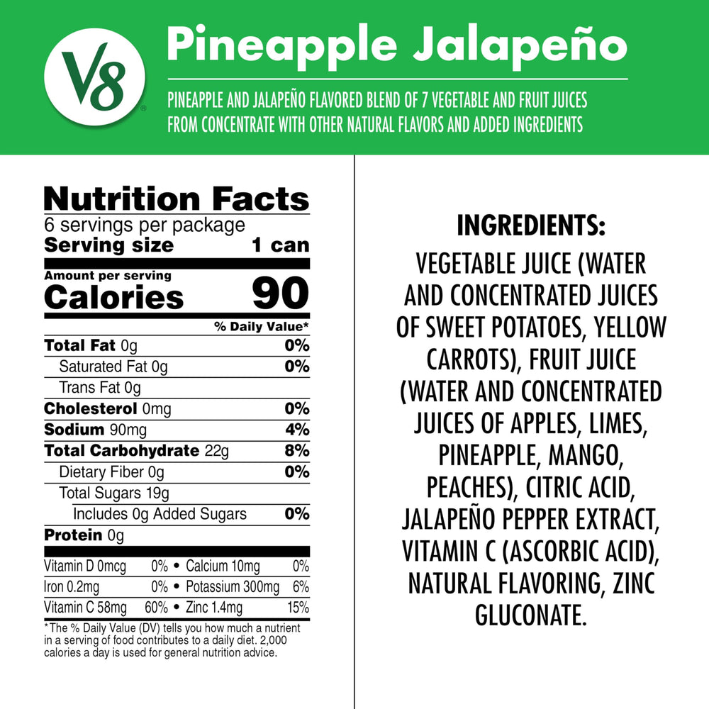 V8 Pineapple Jalapeno label close-up highlighting ingredients and spicy kick