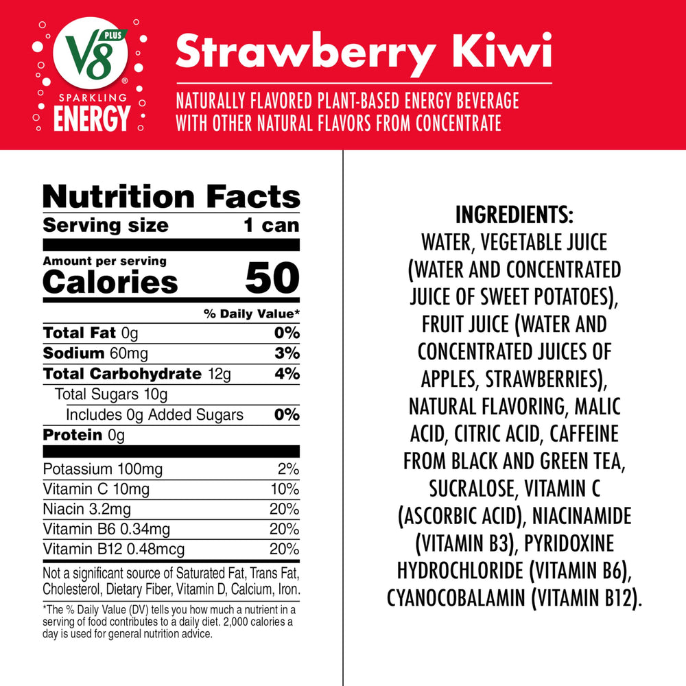 V8 +SPARKLING ENERGY pack of 12 cans, ideal for on-the-go energy.