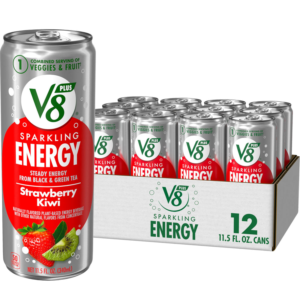 V8 +SPARKLING ENERGY can with strawberry kiwi flavor, a refreshing plant-based energy boost.