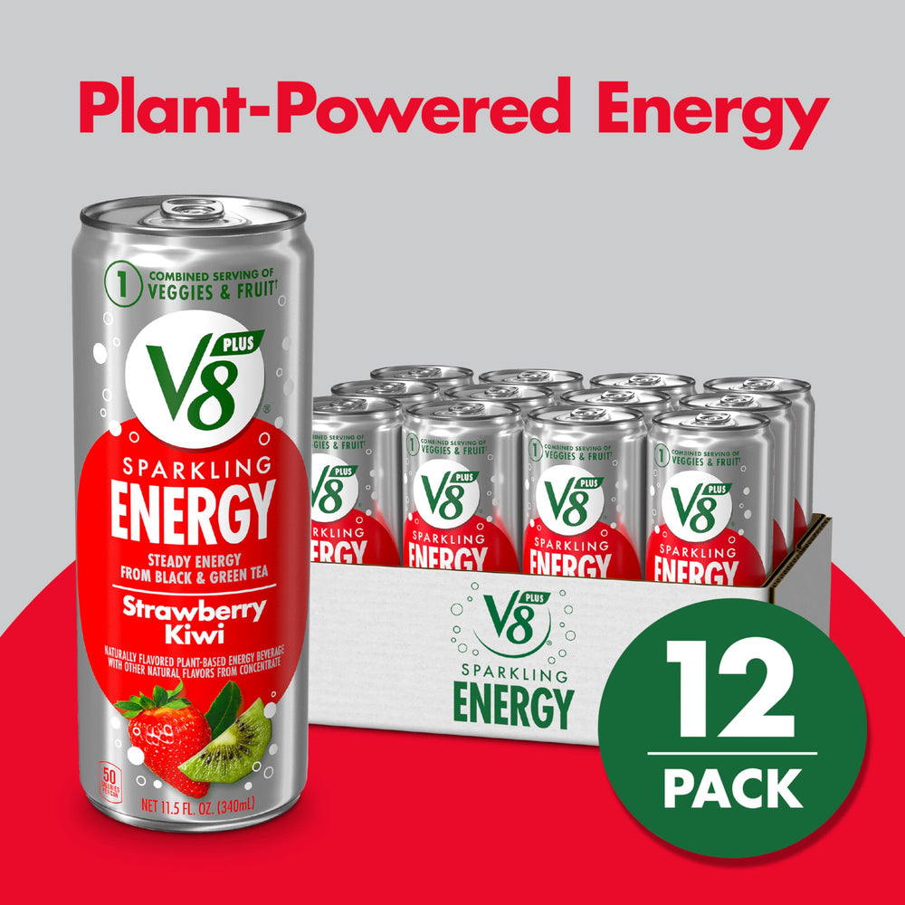 V8 +SPARKLING ENERGY tea caffeine source label, natural energy reference.