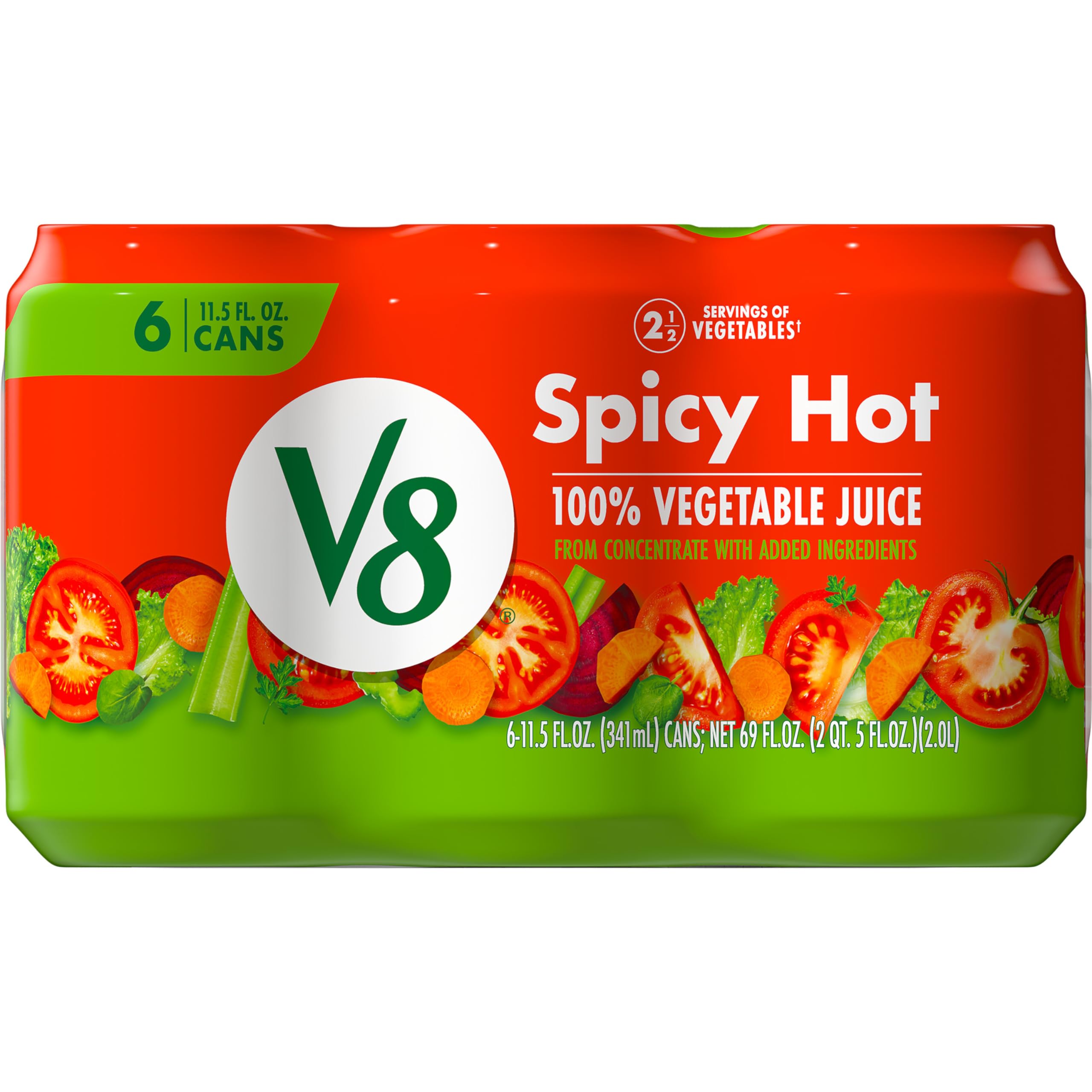 V8 Spicy Hot juice can front showcases bold branding and grab-and-go convenience.