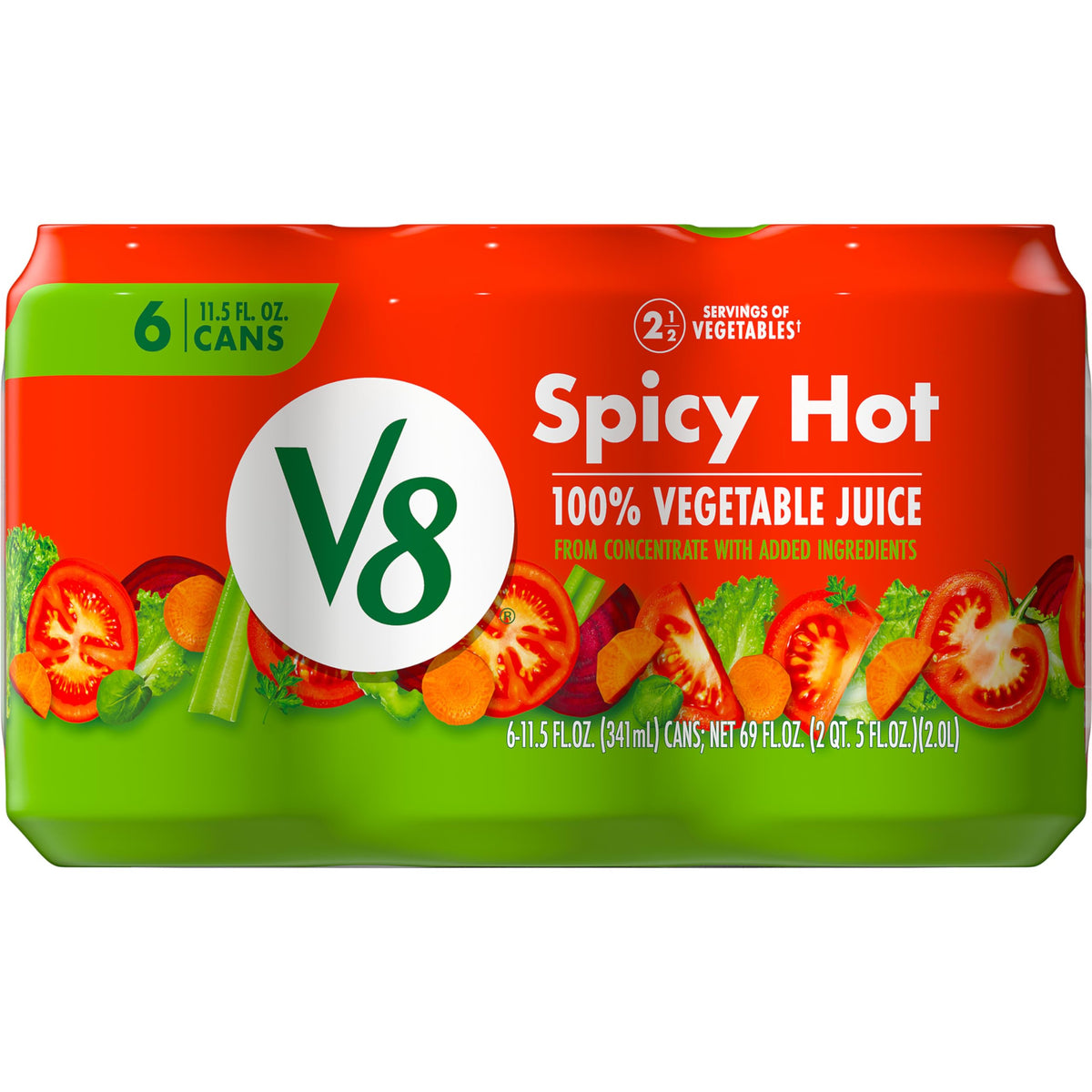 V8 Spicy Hot juice can front showcases bold branding and grab-and-go convenience.