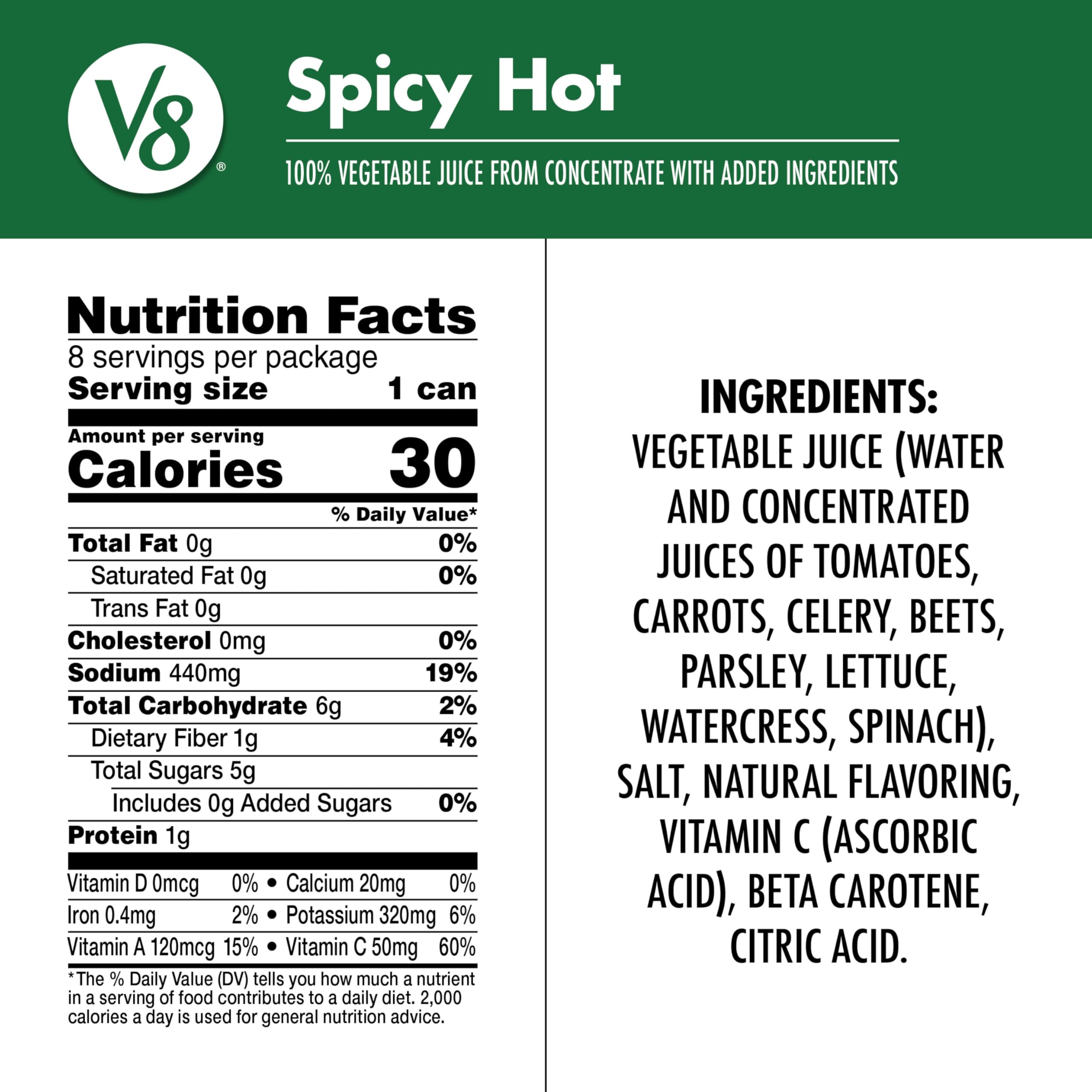 V8 Spicy Hot can nutrition label close-up showing one serving of vegetables