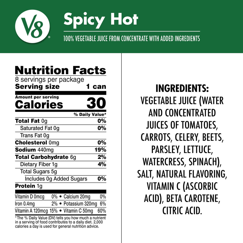 V8 Spicy Hot can nutrition label close-up showing one serving of vegetables