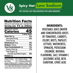 V8 Spicy Hot Vegetable Juice being poured into a glass for quick nutrition.