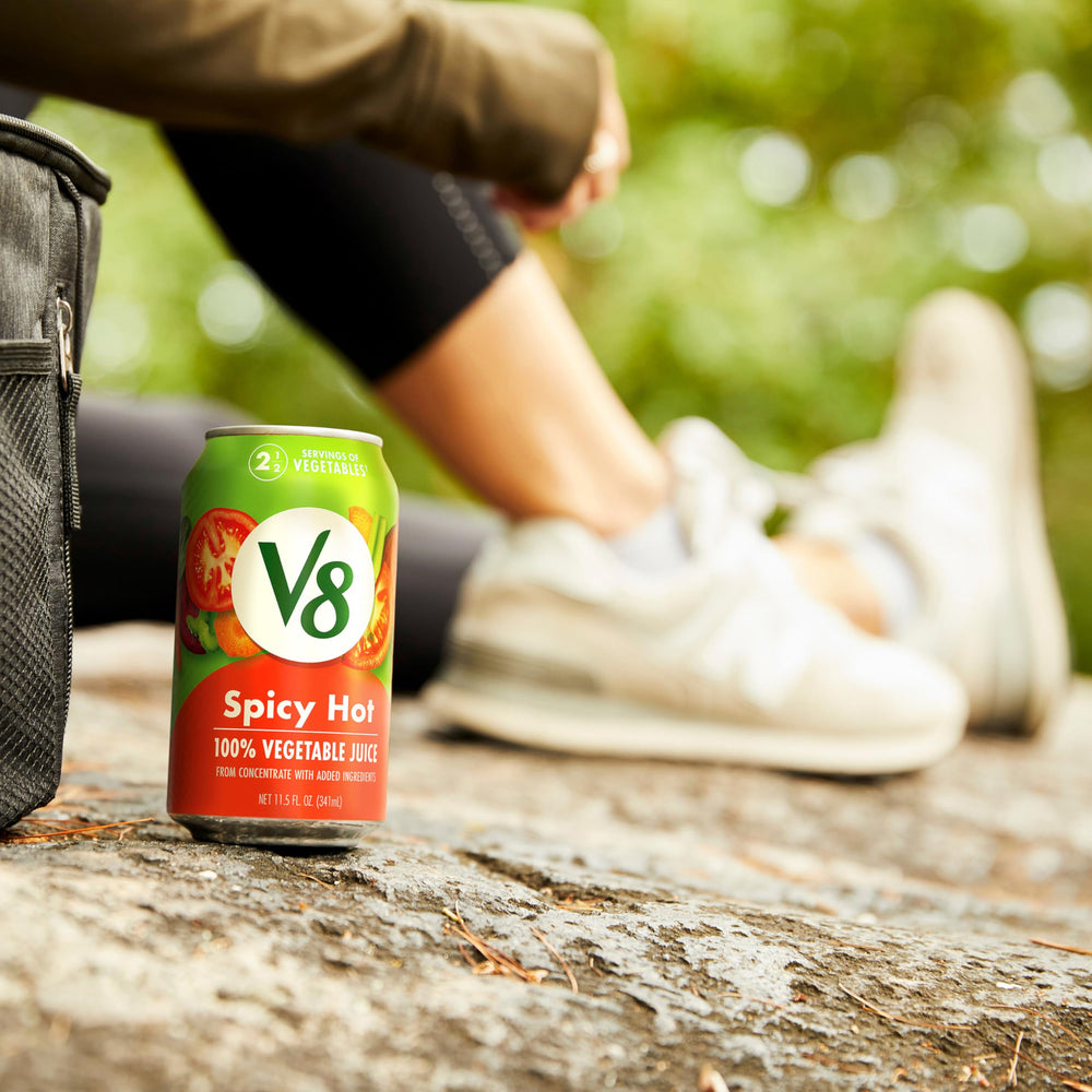V8 Spicy Hot in a refrigerator display for grab-and-go hydration