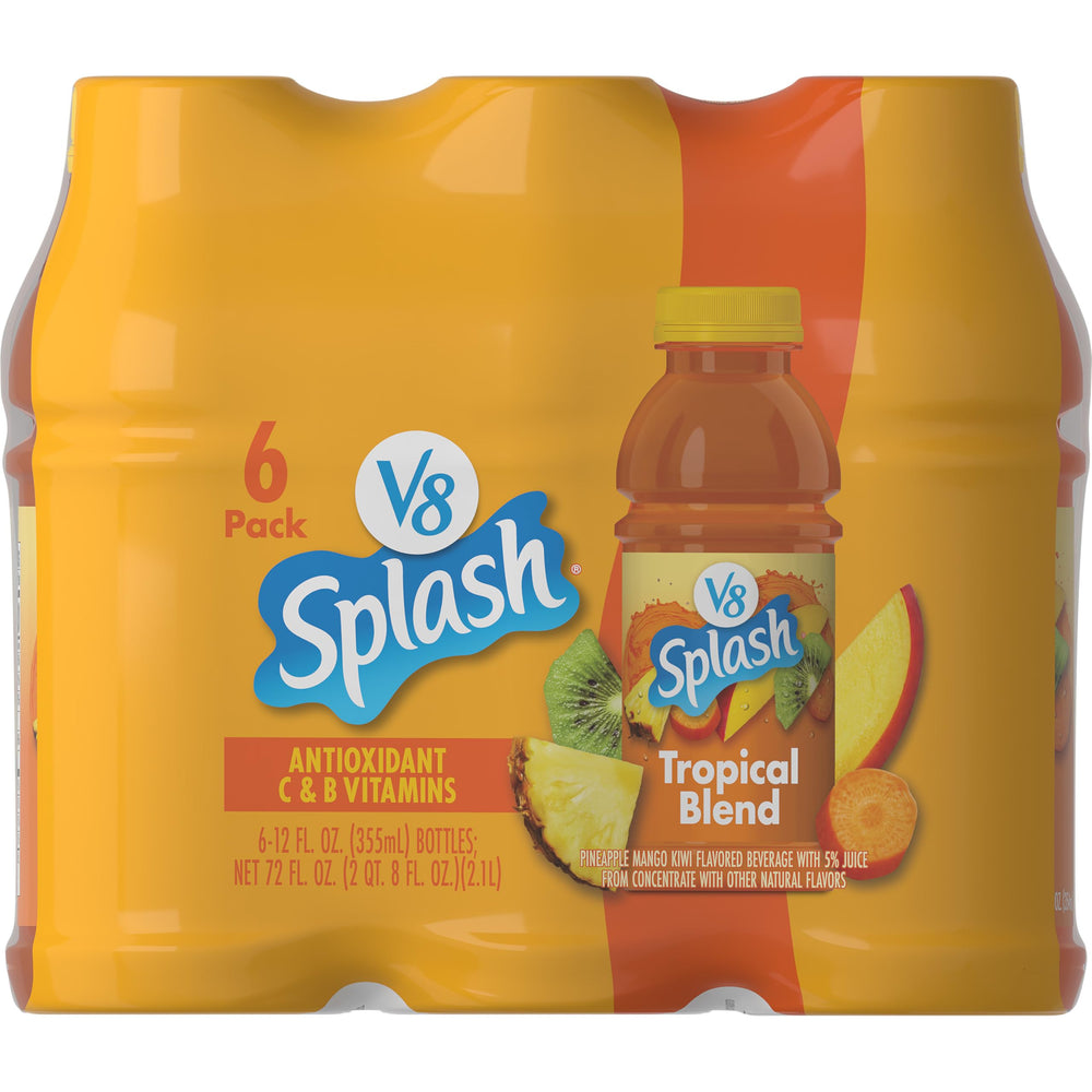 V8 Splash Tropical Blend bottle front view, vitamin-rich and refreshing