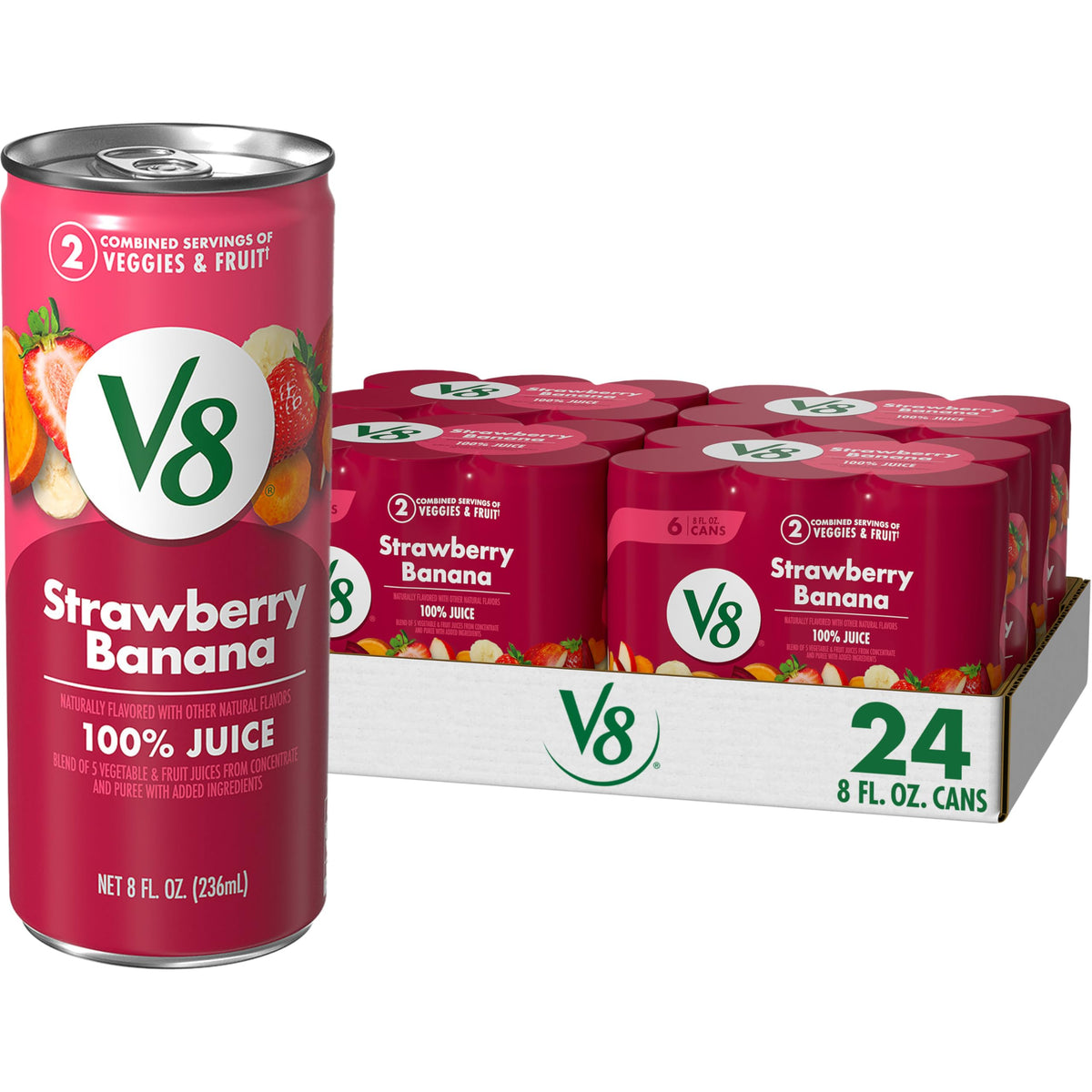 V8 Strawberry Banana juice can front for a convenient breakfast boost.
