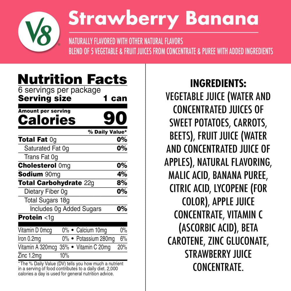 V8 Strawberry Banana juice can nutrition panel highlights sugar information and nutrients.