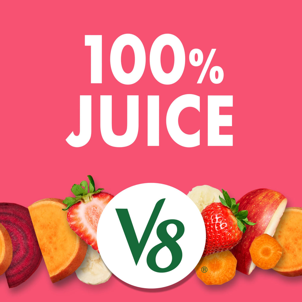 Close-up of beets, carrots, and fruit in the V8 blend
