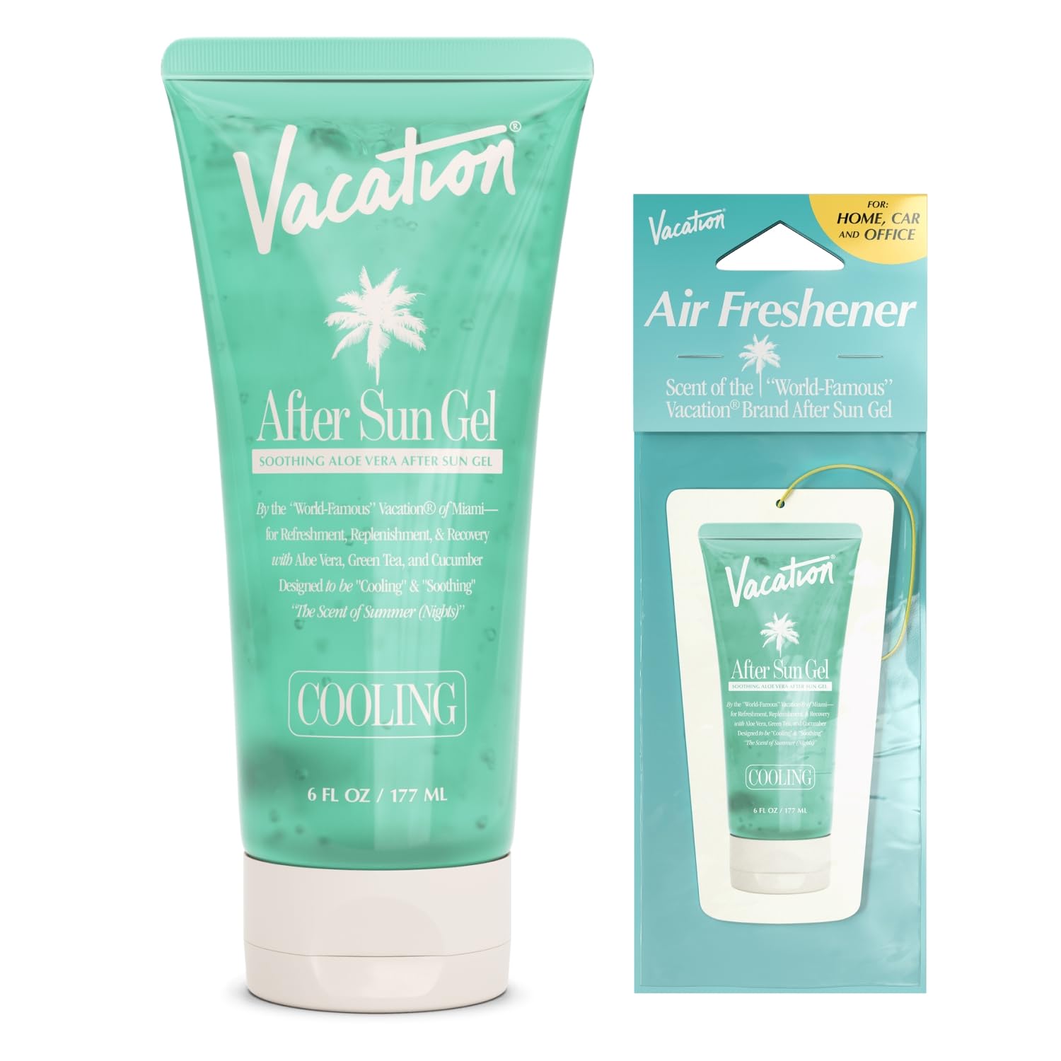 VACATION After Sun Gel bottle close-up showing cooling relief for sunburned skin