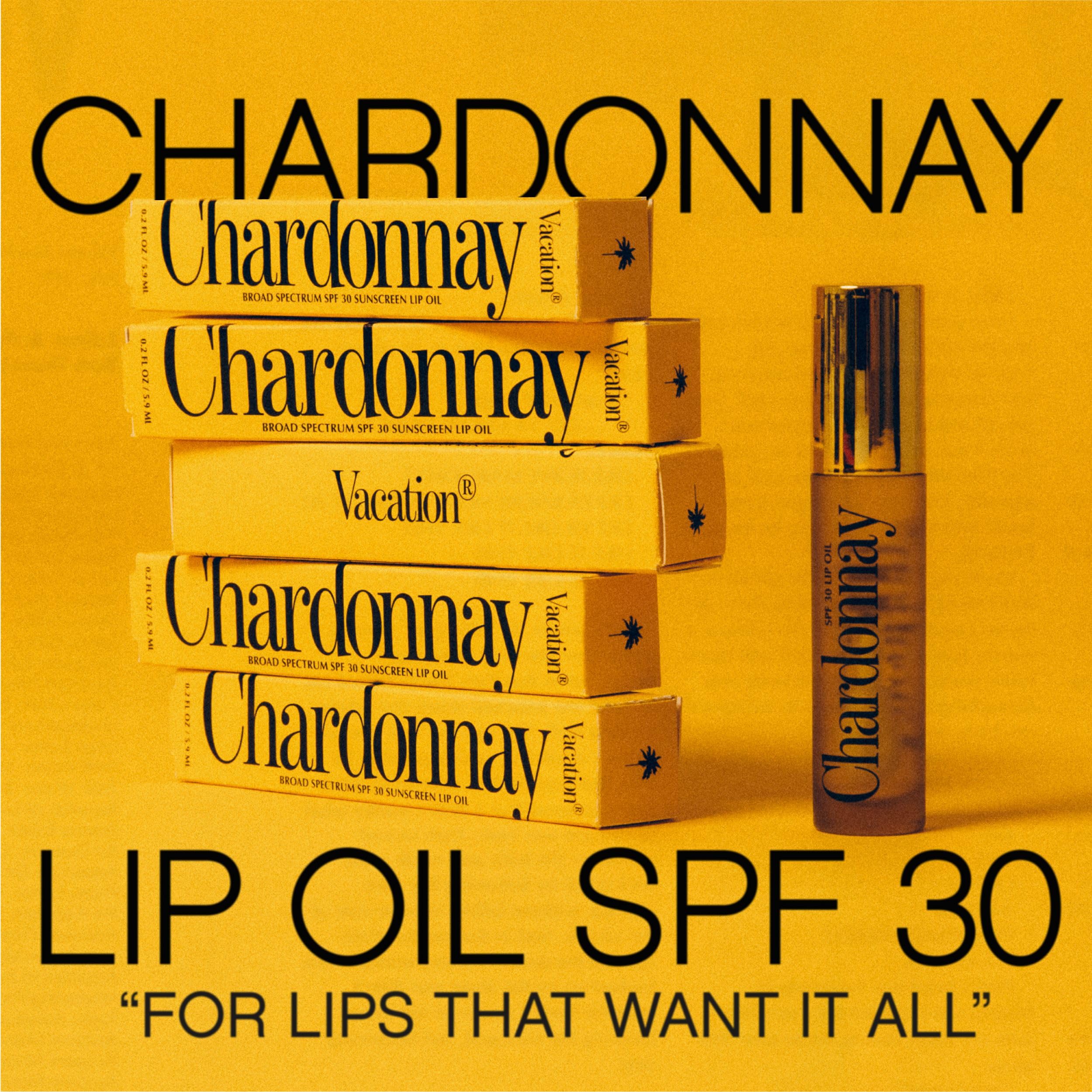 Vacation Chardonnay Lip Oil SPF 30 application demonstrates smooth, buildable gloss