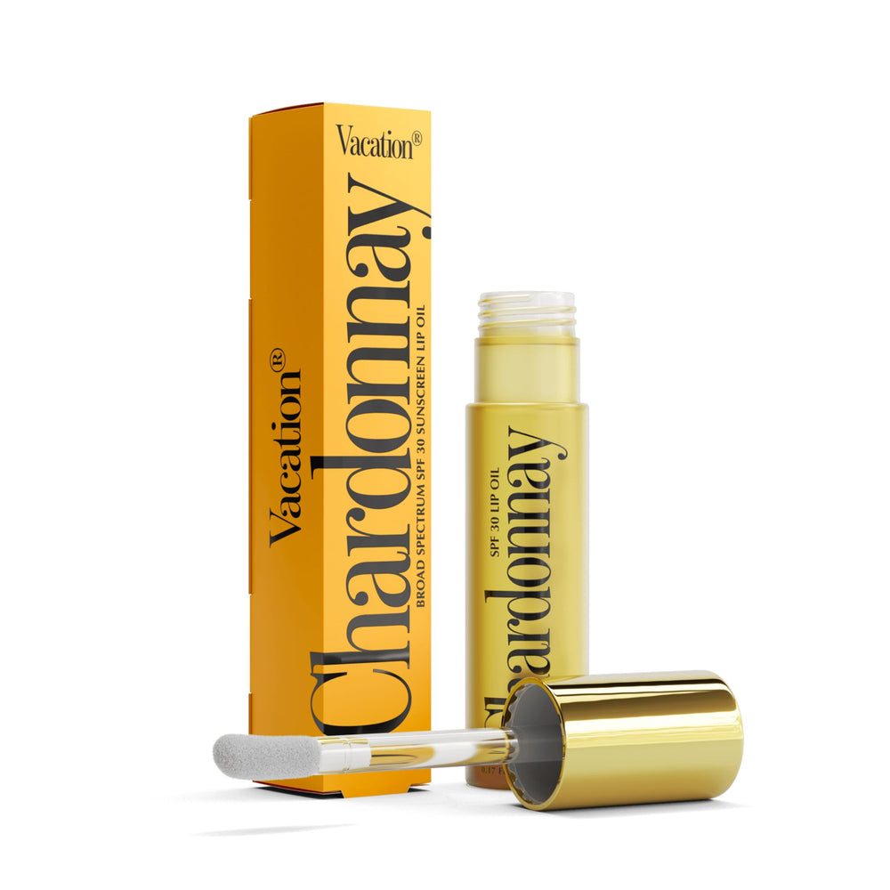Vacation Chardonnay Lip Oil SPF 30 bottle showing premium protection and nourishing shine