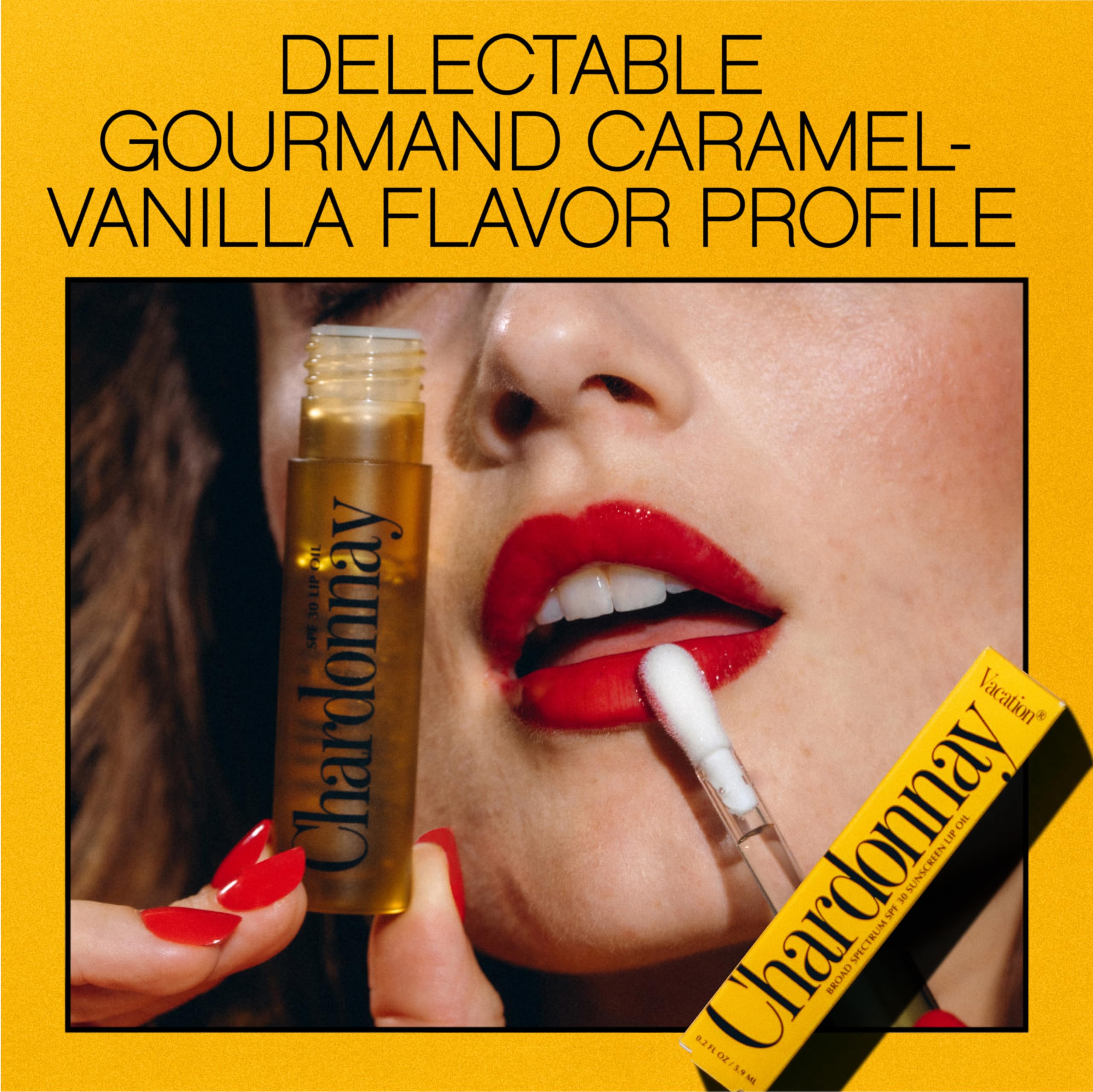 Vacation Chardonnay Lip Oil SPF 30 caramel-vanilla flavor invites sensory routine