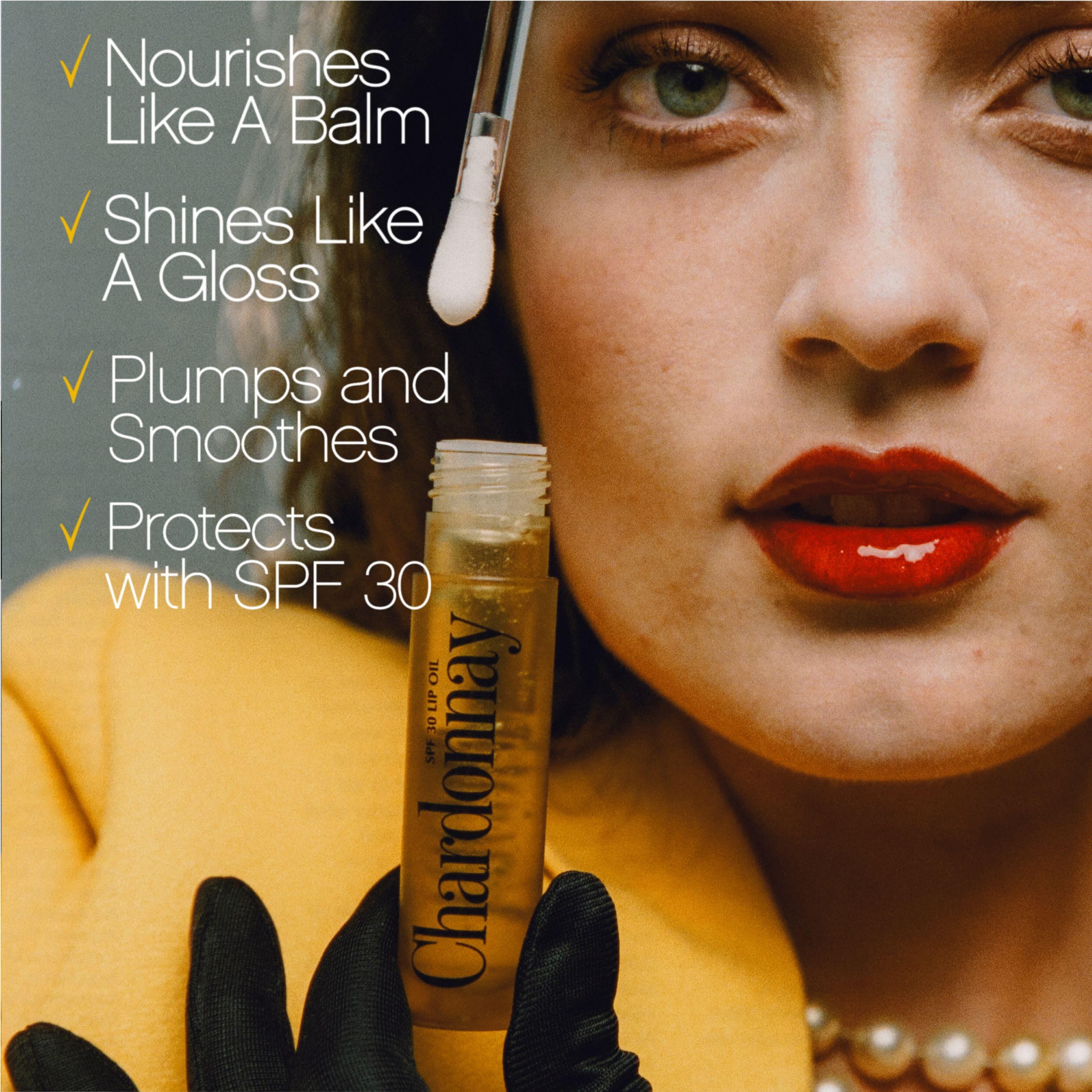 Vacation Chardonnay Lip Oil SPF 30 gloss highlights a clear, non-sticky finish