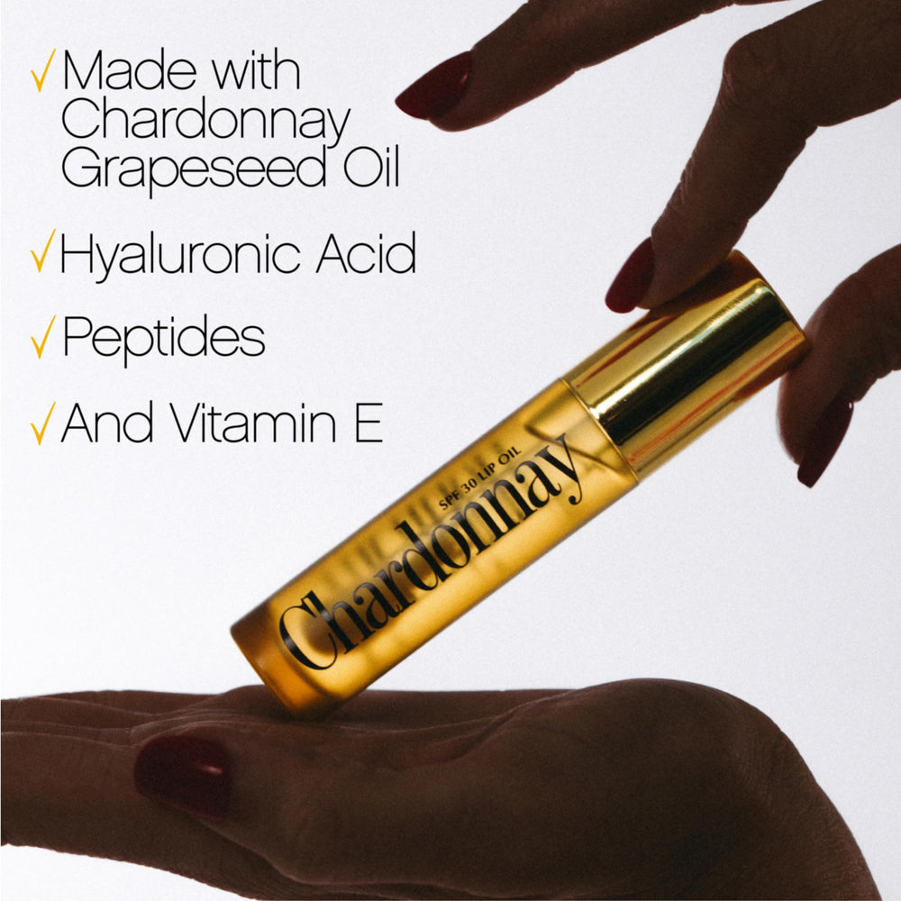 Vacation Chardonnay Lip Oil SPF 30 with shea butter infusion provides soothing care