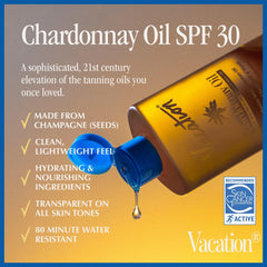 Vacation Chardonnay Oil SPF 30 travel-size bottles in carry-on kit