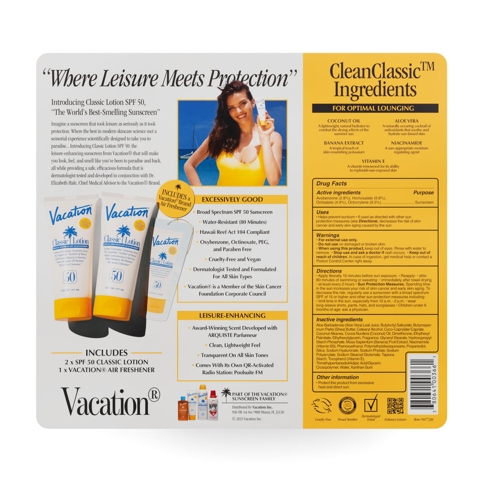 VACATION two-pack with air freshener for convenient travel and storage.