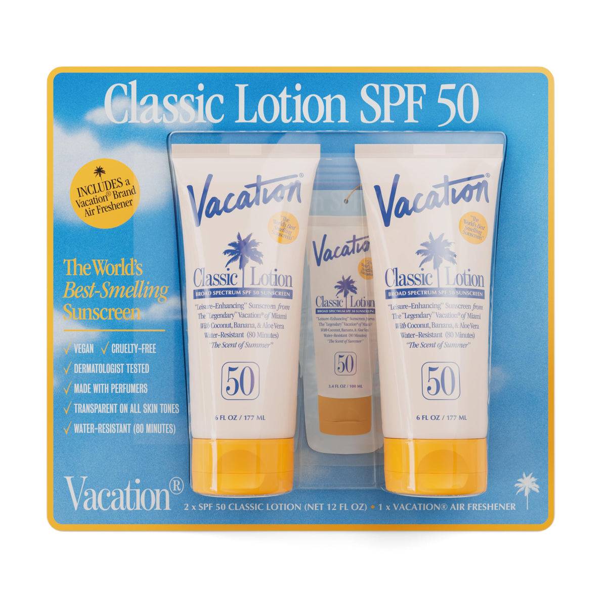 VACATION Classic Lotion SPF 50 bottle showing dermatologist-tested sun protection.