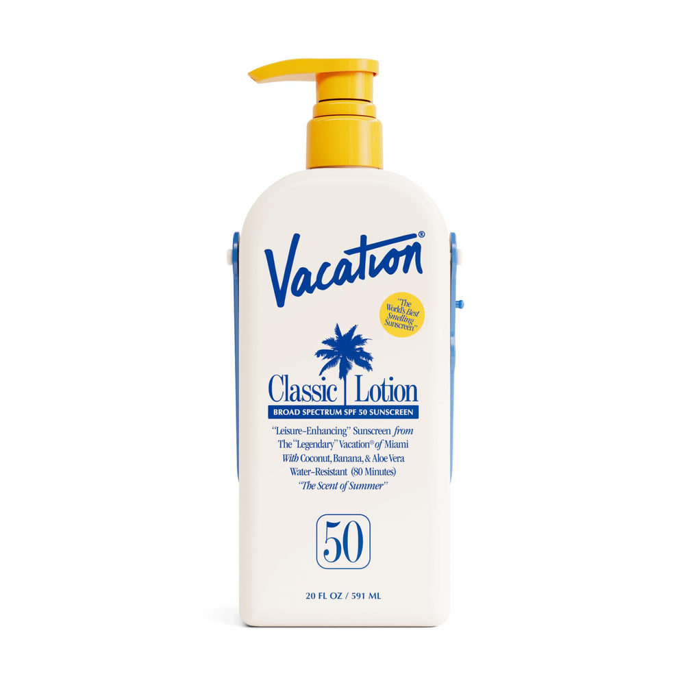 Vacation Classic Lotion SPF 50 bulk bottle with pump for quick, even coverage.