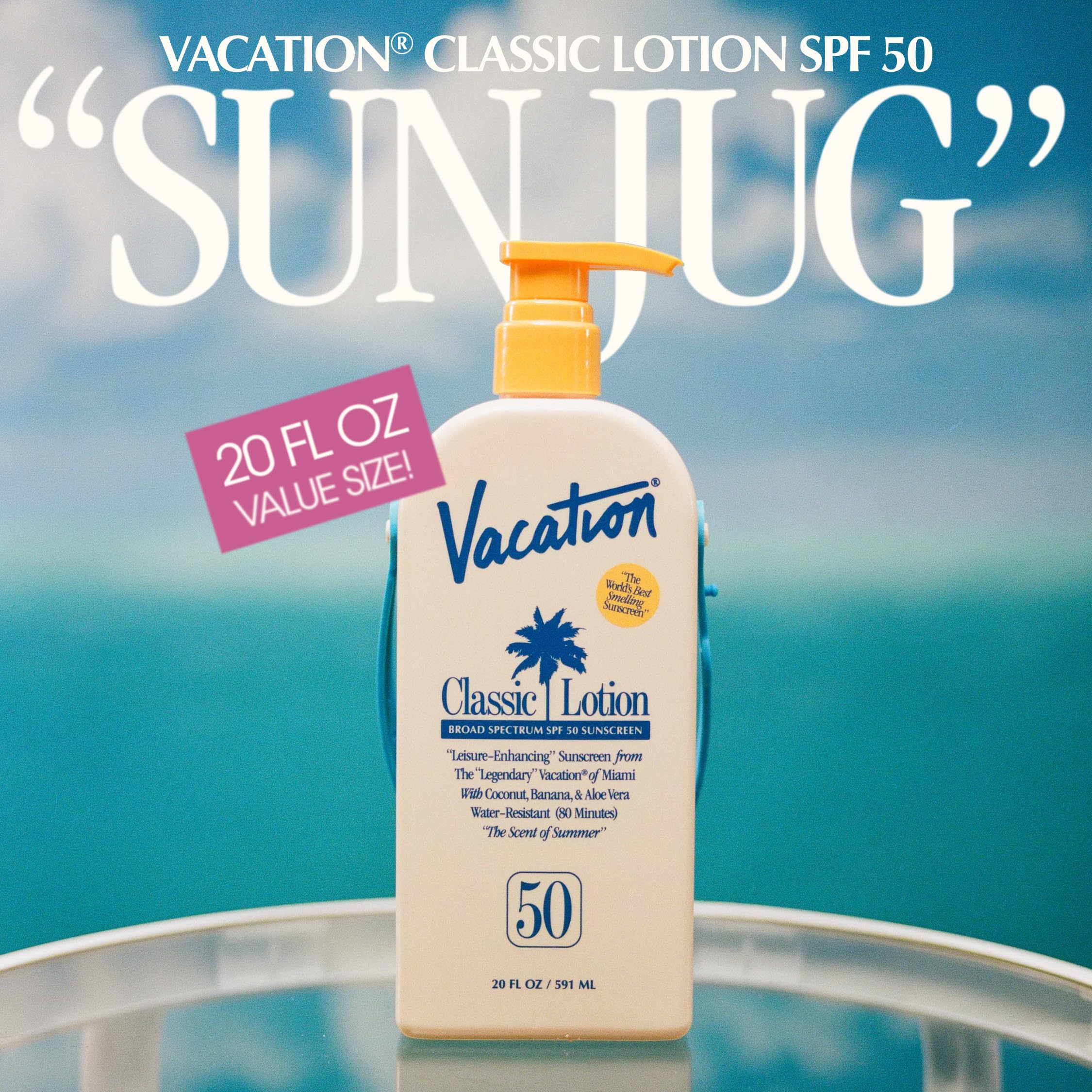 Vacation Classic Lotion SPF 50 demonstrates water resistance for poolside days.