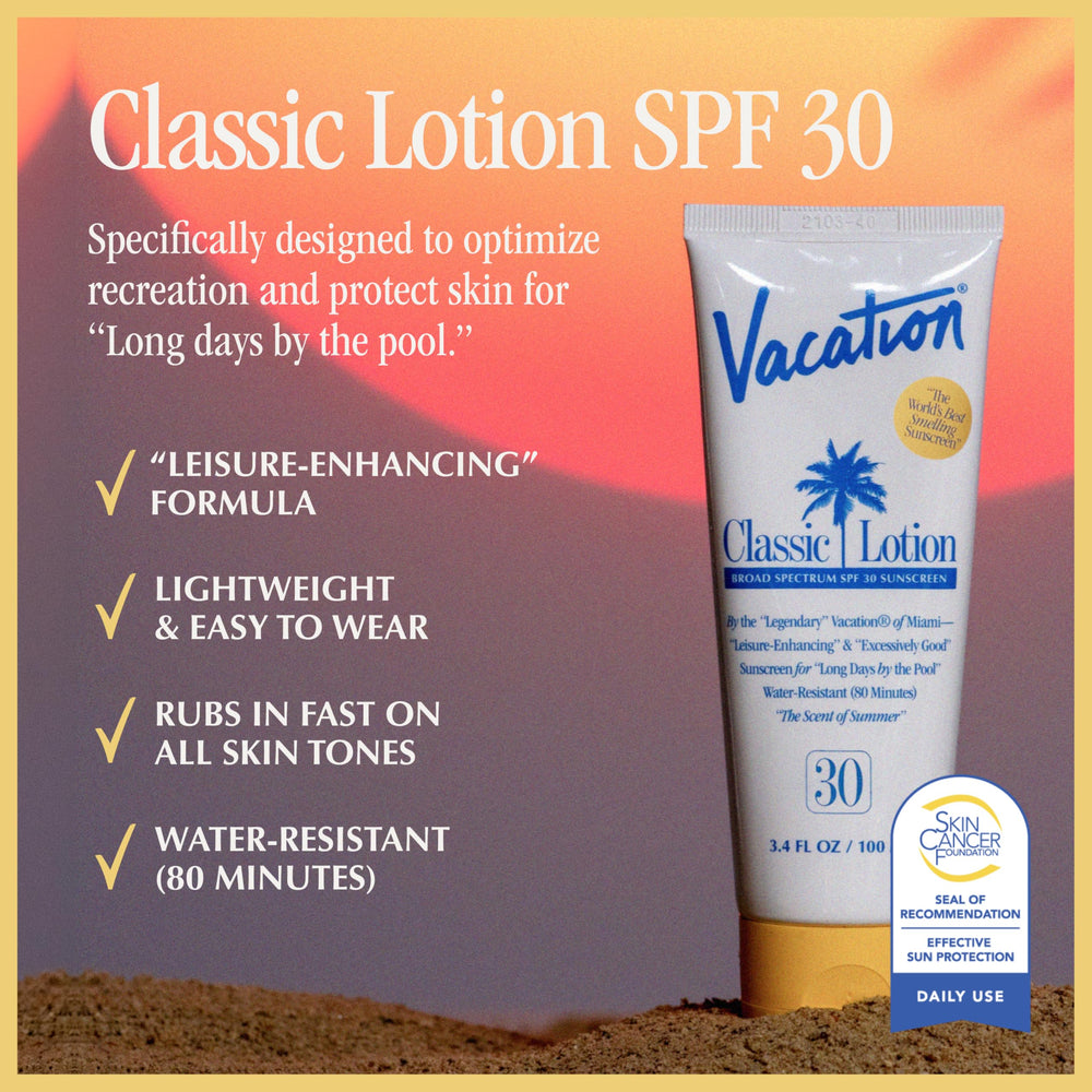 Vacation Classic Sunscreen Lotion SPF 30 application on skin showing invisible finish